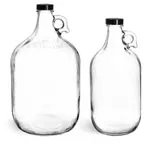 Glass Bottles, Clear Glass Round Jugs w/ Black Phenolic Cone Lined Caps