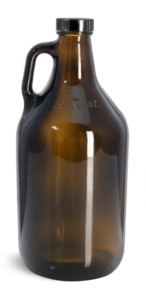 64 oz Glass Bottles, Amber Glass Handle Jugs w/ Black Phenolic Cone Lined Caps