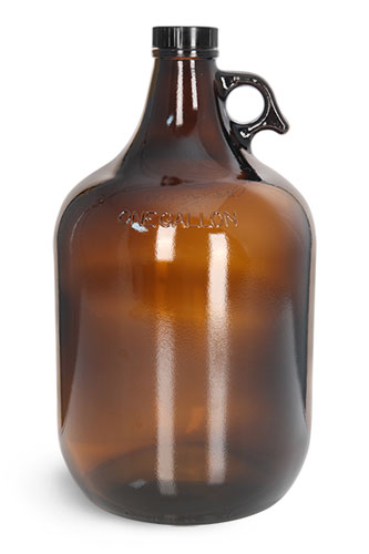 Glass Bottles, 1 Gal Amber Glass Jugs w/ Black Phenolic Cone Lined Caps