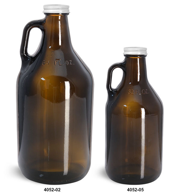 Glass Bottles, Amber Glass Handle Jugs w/ White Metal Lined Caps
