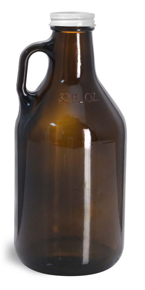 SKS Bottle & Packaging - 32 oz Amber Glass Handle Jugs w/ White Metal