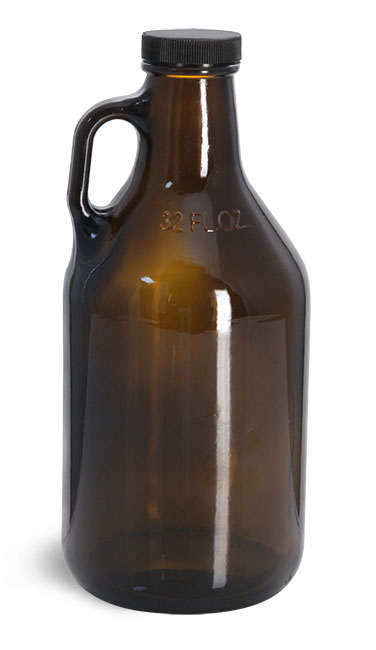 Glass Bottles, Amber Glass Handle Jugs w/ Black Ribbed Lined Caps