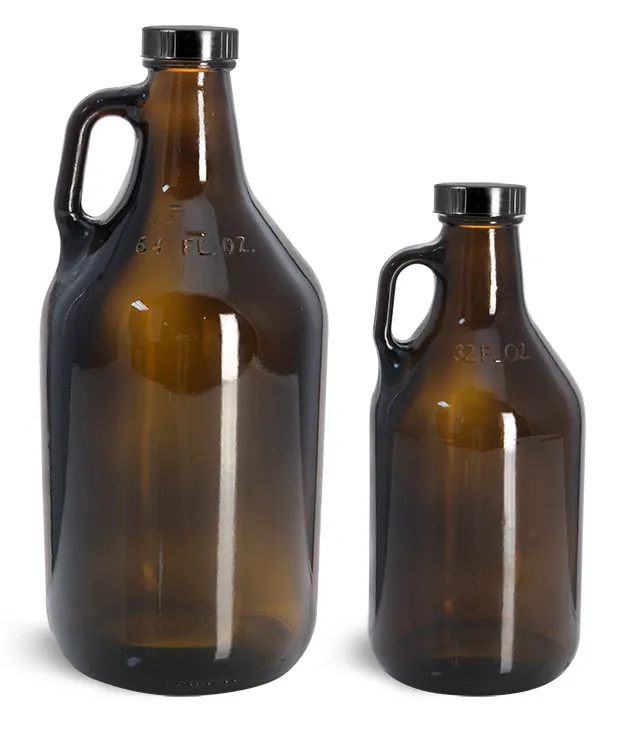 Amber Glass Bottles, Handle Jugs w/ Black Phenolic Cone Lined Caps