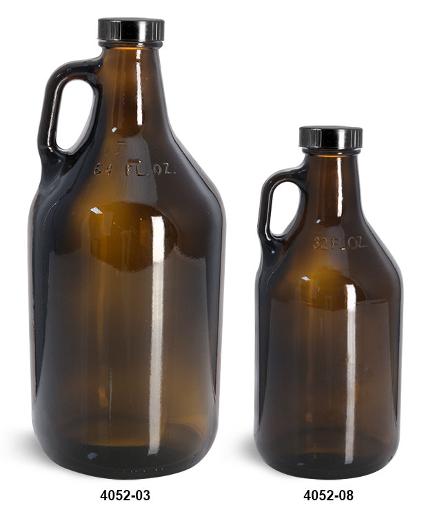 Glass Bottles, Amber Glass Handle Jugs w/ Black Phenolic Cone Lined Caps