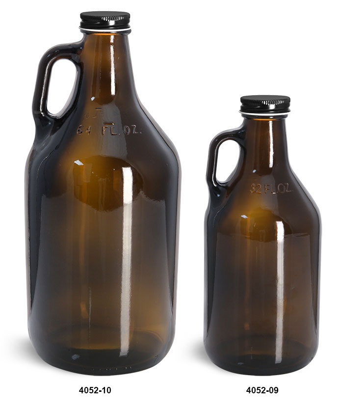 Glass Bottles, Amber Glass Handle Jugs w/ Black Metal Plastisol Lined Caps