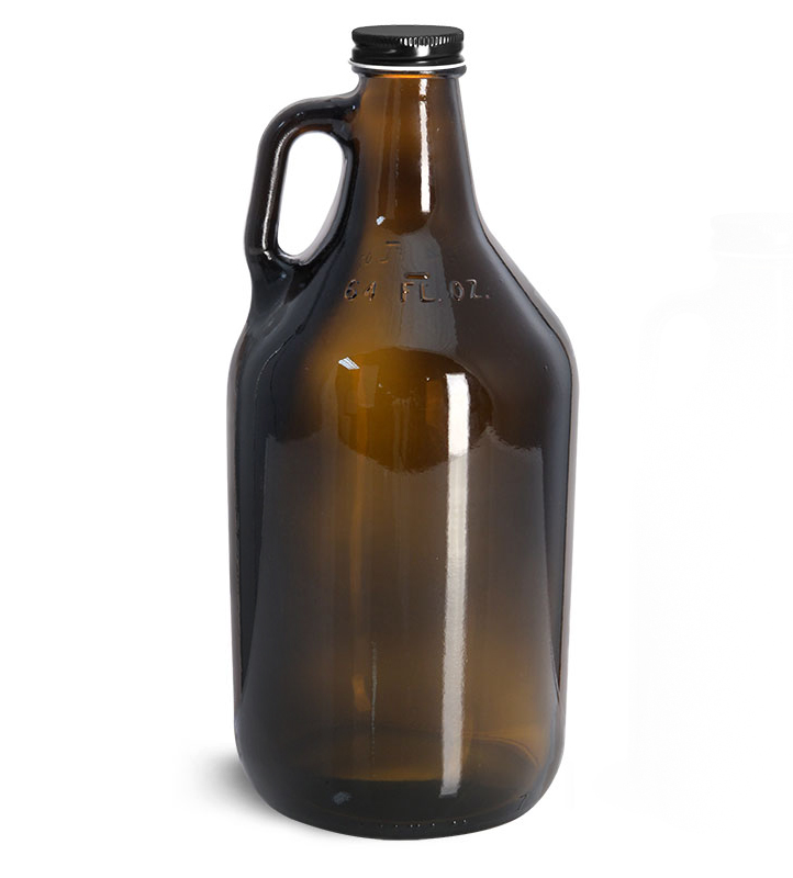 Amber Glass Bottles, Handle Jugs w/ Black Metal Plastisol Lined Caps