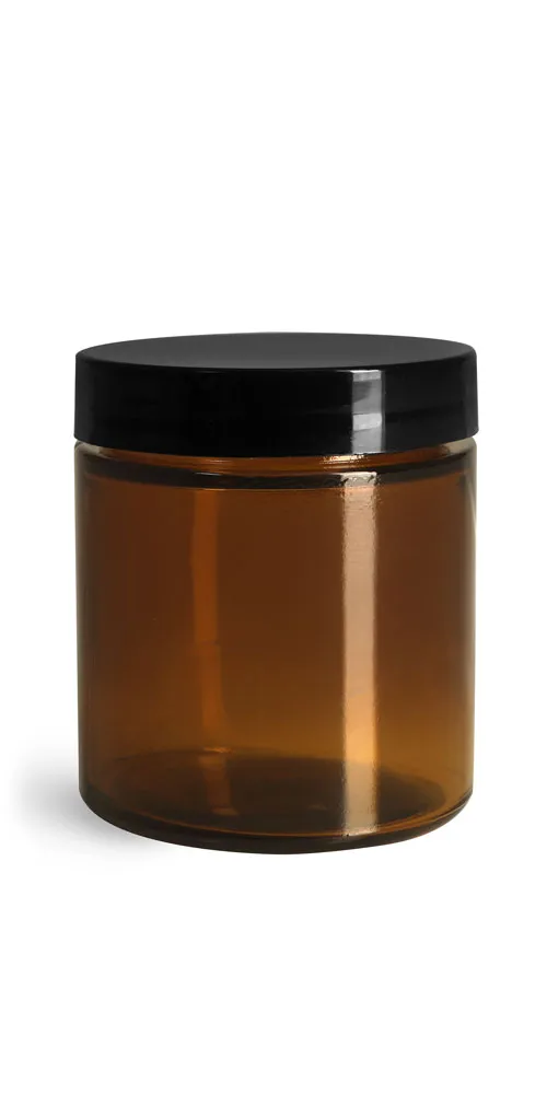 4 oz Amber Glass Straight Sided Jars w/ Smooth Black Lined Caps