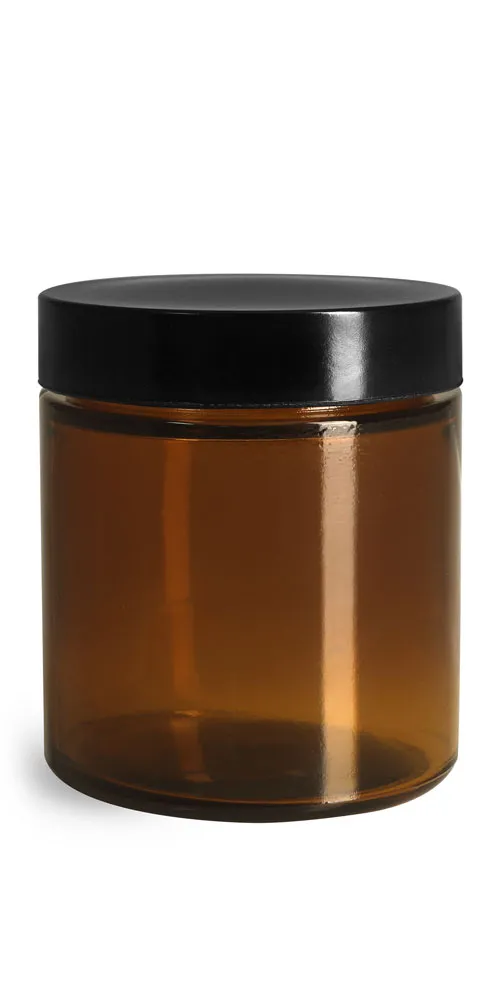 4 oz Amber Glass Straight Sided Jars w/ Black Phenolic PV Lined Caps
