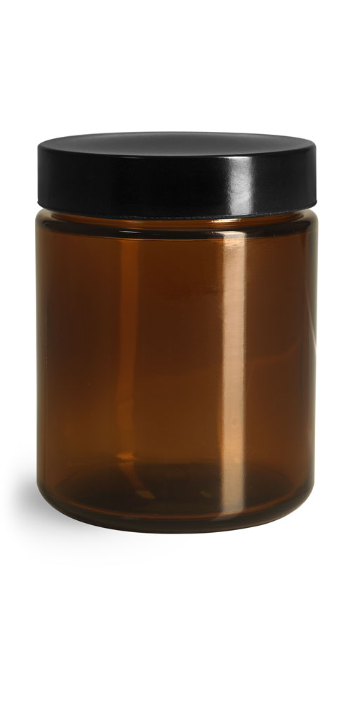 
8 oz Amber Glass Straight Sided Jars w/ Black Phenolic PV Lined Caps