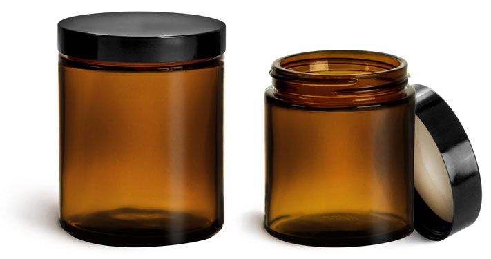 Glass Jars, Amber Glass Jars w/ Black Phenolic Teflon Lined Caps