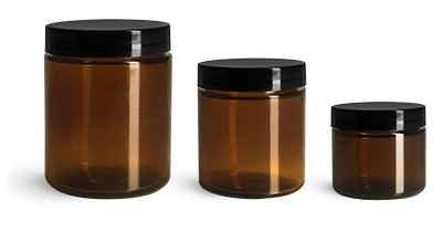 2 oz Amber Glass Straight Sided Jars w/ Smooth Black Lined Caps