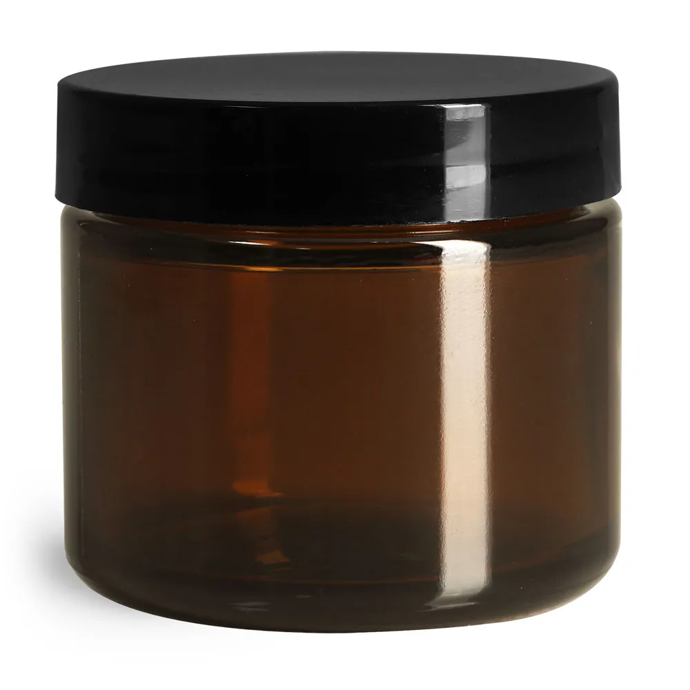 2 oz Amber Glass Straight Sided Jars w/ Smooth Black Lined Caps