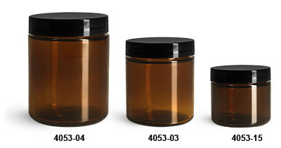 Glass Jars, Amber Glass Straight Sided Jars w/ Black Smooth Lined Caps