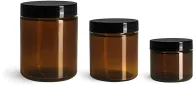 Amber Glass Straight Sided Jars w/ Black Smooth PE Lined Caps