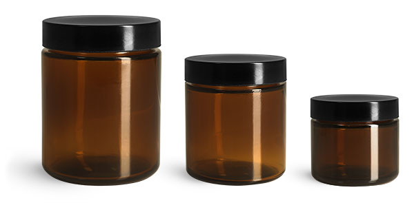 4 oz Amber Glass Straight Sided Jars w/ Black Phenolic PV Lined Caps