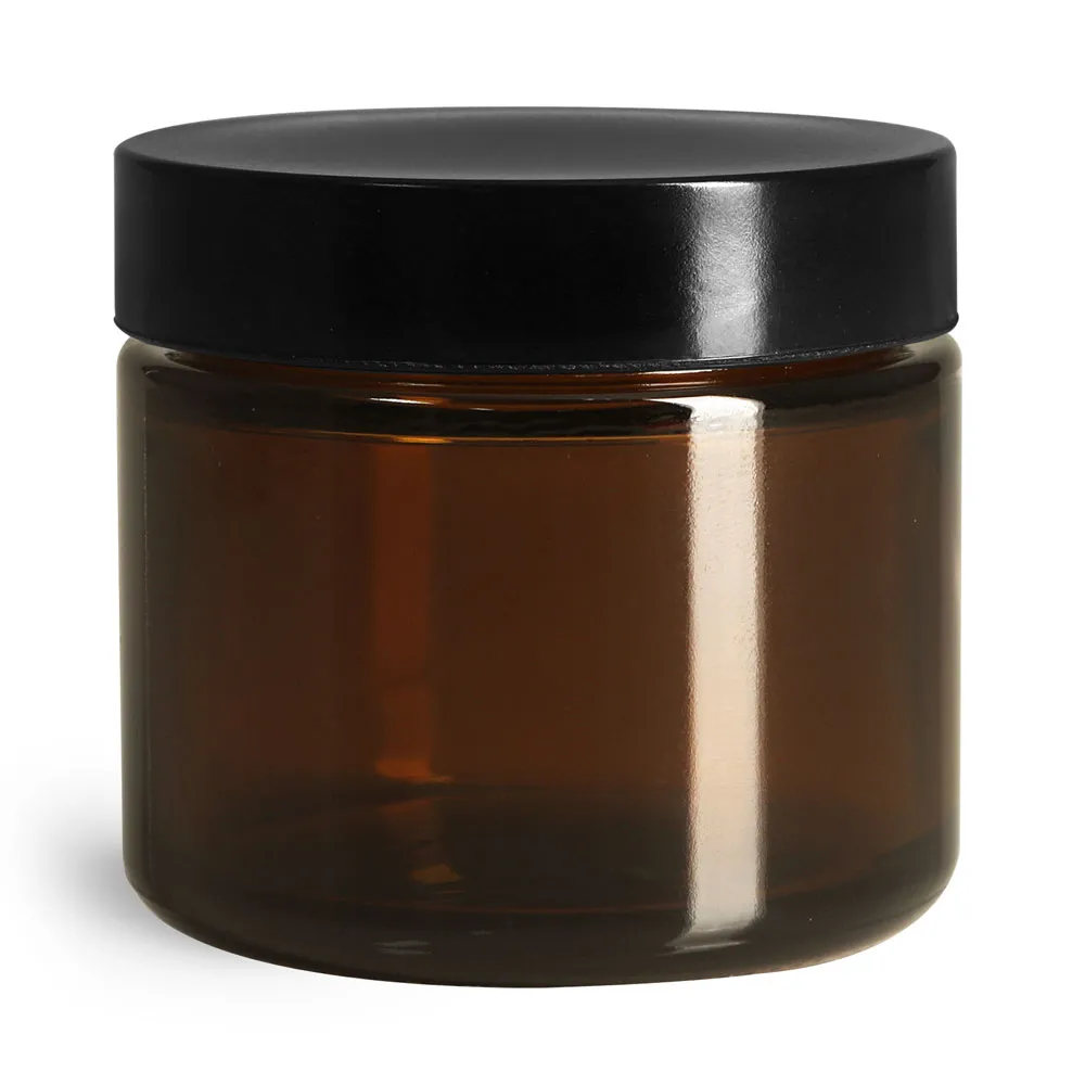 2 oz Amber Glass Straight Sided Jars w/ Black Phenolic PV Lined Caps