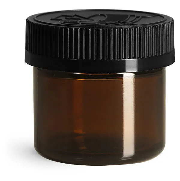 Amber Glass Straight Sided Jars w/ Black Child Resistant Caps