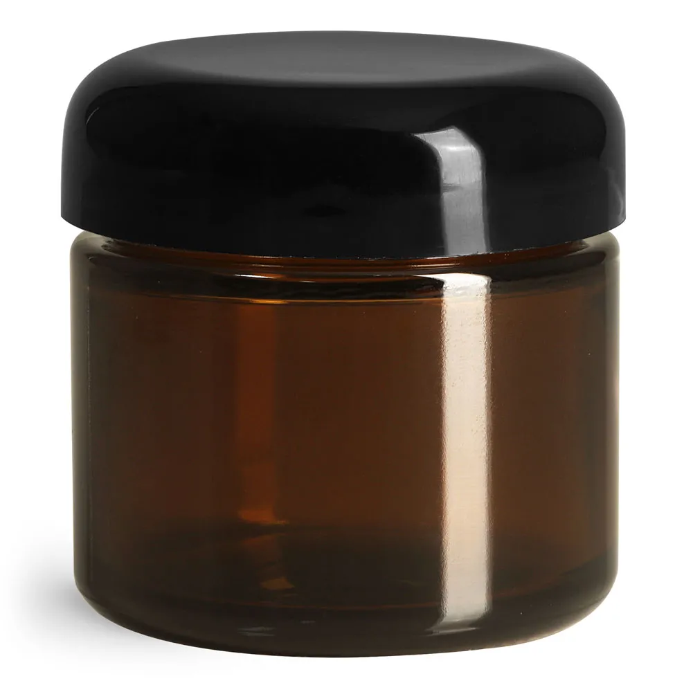 2 oz Glass Jars, Amber Glass Straight Sided Jars w/ Black Smooth Lined Dome Caps
