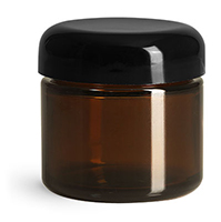 Glass Jars, Amber Glass Straight Sided Jars w/ Black Smooth Lined Dome Caps