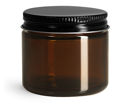 Glass Jars, Amber Glass Straight Sided Jars w/ Black Metal Foil Lined Caps
