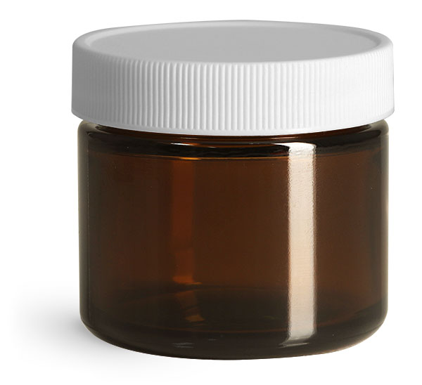 Glass Jars, Amber Glass Jars w/ White Ribbed Teflon Lined Caps