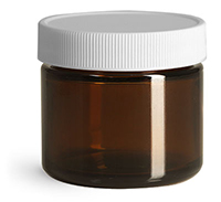 Glass Jars, Amber Glass Straight Sided Jars w/ White Ribbed Teflon Lined Caps