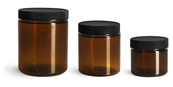 Glass Jars, Amber Glass Straight Sided Jars w/ Black Ribbed PE Lined Caps