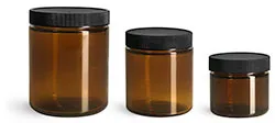 Amber Glass Straight Sided Jars w/ Black Ribbed PE Lined Caps