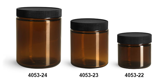 Glass Jars, Amber Glass Straight Sided Jars w/ Black Ribbed PE Lined Caps
