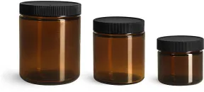 Amber Glass Straight Sided Jars w/ Black Ribbed PE Lined Caps