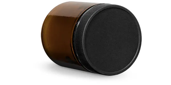 8 oz Glass Jars, Amber Glass Straight Sided Jars w/ Black Ribbed PE Caps