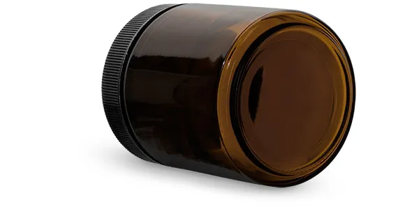 8 oz Glass Jars, Amber Glass Straight Sided Jars w/ Black Ribbed PE Caps