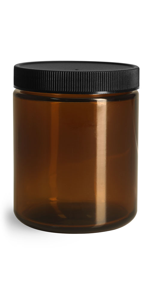 Sks Bottle And Packaging 8 Oz Glass Jars Amber Glass Straight Sided Jars W Black Ribbed Pe Caps 9989