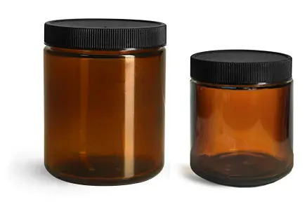 Amber Glass Straight Sided Jars w/ Black Ribbed PE Lined Caps