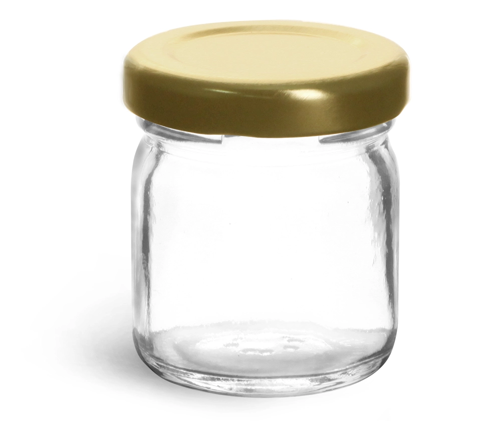 1 1/4 oz Clear Glass Jelly Jars w/ Gold Metal Caps