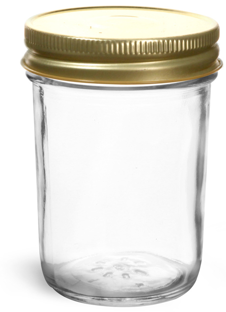 8 OZ CLEAR GLASS JELLY JARS W/ 70G GOLD METAL PLASTISOL-LINED CAPS