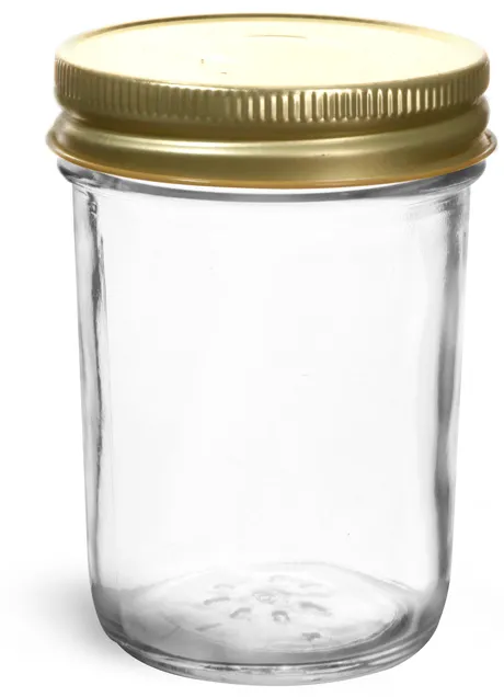 8 oz Clear Glass Jelly Jars w/ 70G Gold Metal Plastisol-Lined Caps