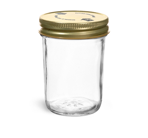 Clear Glass Jelly Jars w/ Gold Metal Printed Plastisol Lined Caps