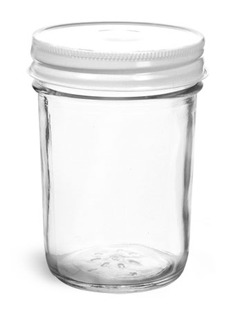 Clear Glass Jelly Jars w/ White Metal Plastisol Lined Caps