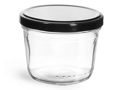 Clear Glass Jars, 230 ml Clear Glass Wide Mouth Tapered Jars w/ Black Metal Lug Caps