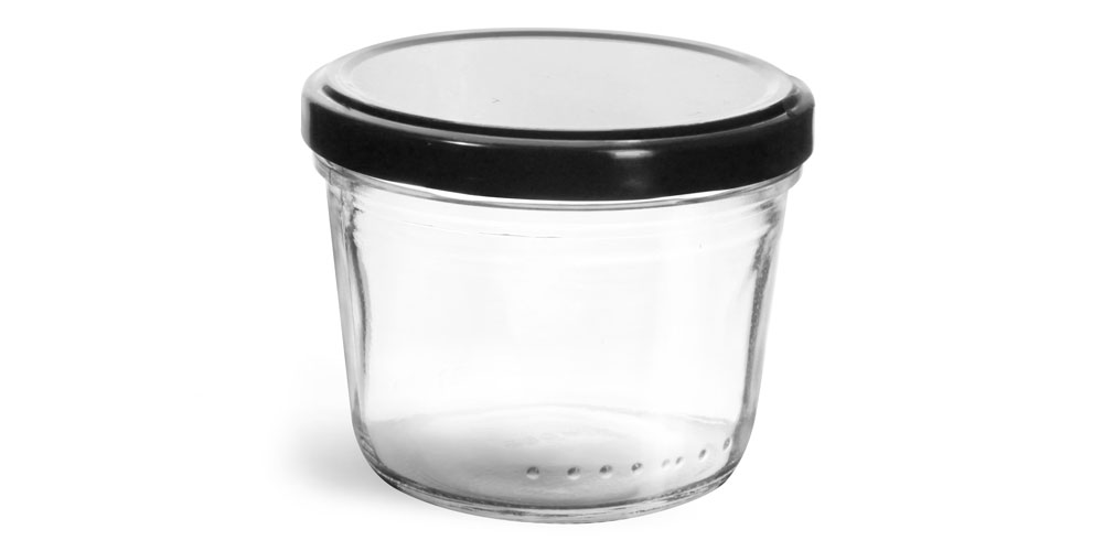230 ml Clear Glass Wide Mouth Tapered Jars w/ Black Metal Lug Caps