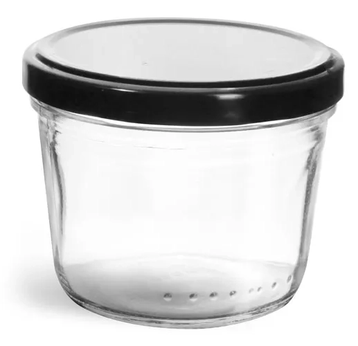 230 ml Clear Glass Wide Mouth Tapered Jars w/ Black Metal Lug Caps