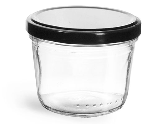 Clear Glass Jars, 230 ml Clear Glass Wide Mouth Tapered Jars w/ Black Metal Lug Caps