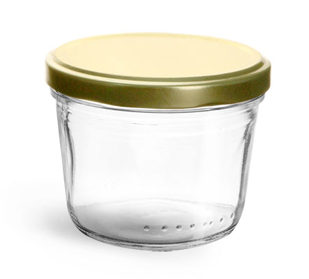 Clear Glass Jars, Clear Glass Wide Mouth Tapered Jars w/ Gold Metal Lug Caps