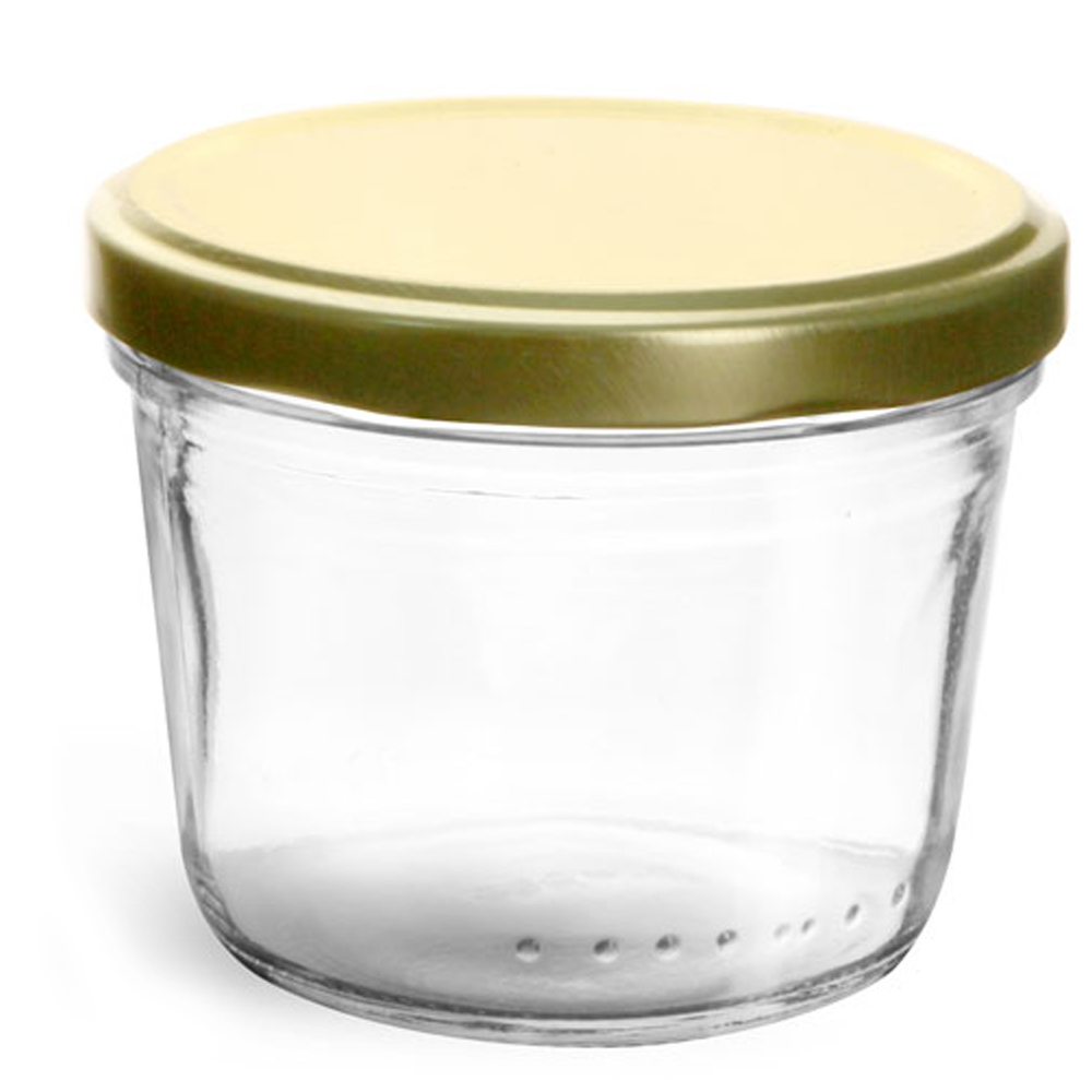 230 ML CLEAR GLASS WIDE MOUTH TAPERED JARS W/ GOLD METAL LUG CAPS