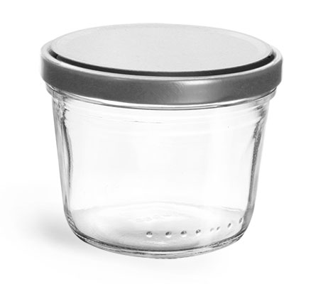 Clear Glass Wide Mouth Tapered Jars w/ Silver Metal Lug Caps 