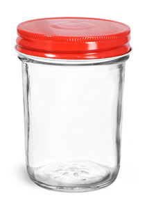 Clear Glass Jars, Clear Glass Jelly Jars w/ Red Metal Plastisol Lined Caps
