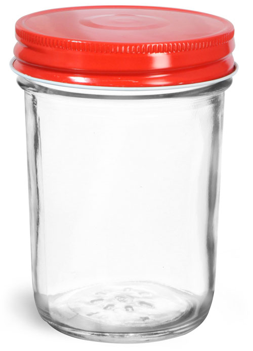SKS Bottle & Packaging 8 oz Clear Glass Jelly Jars w/ Red Metal