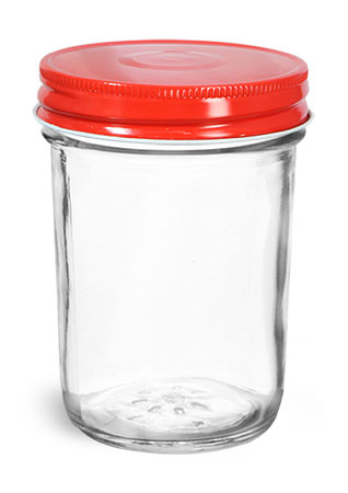 Clear Glass Jars, Clear Glass Jelly Jars w/ Red Metal Plastisol Lined Caps
