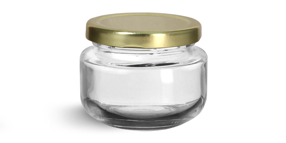 60 ml Glass Jars, Clear Glass Wide Mouth Jars w/ Gold Metal Plastisol Lined Lug Caps